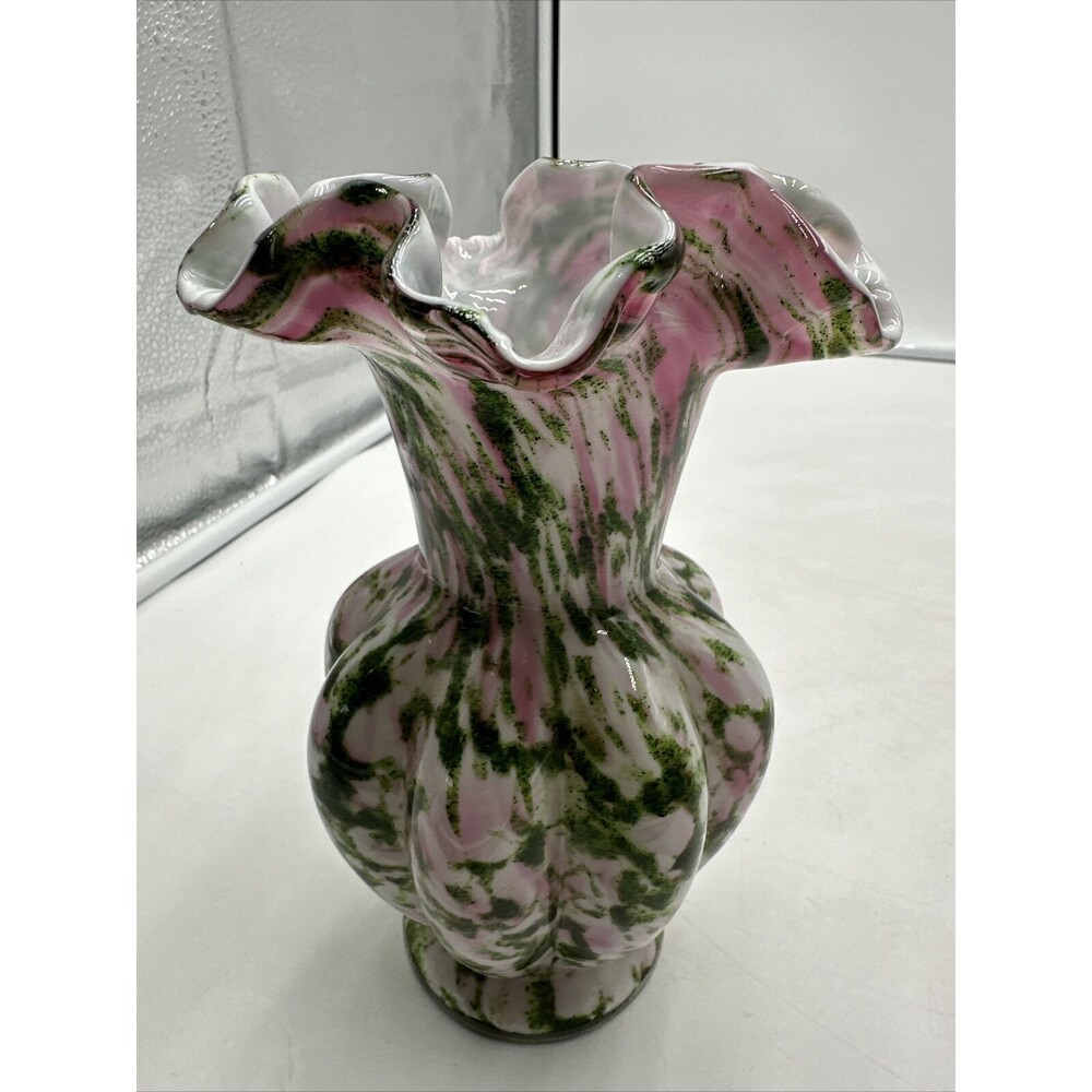 Vintage Fenton Glass Rose Pink Green Ruffled Vase 7 1/2”